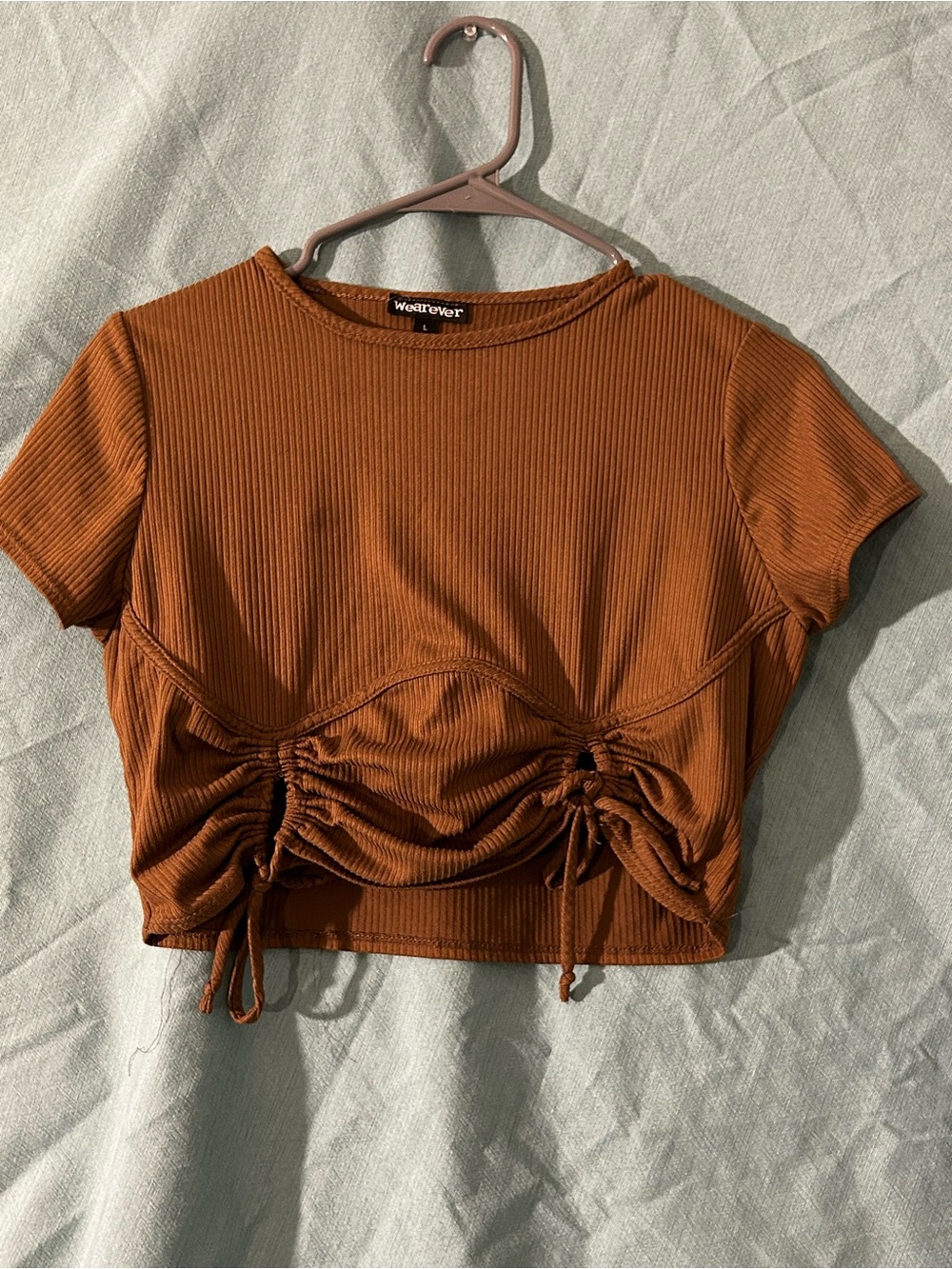 WeArever Rust Brown Ruched Ribbed Crop Top
